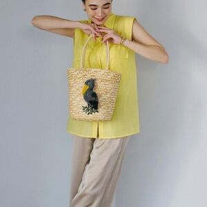 Woven Straw Tote with Hand Embroidered Bird Design, Summer Beach Bag, Maket Tote